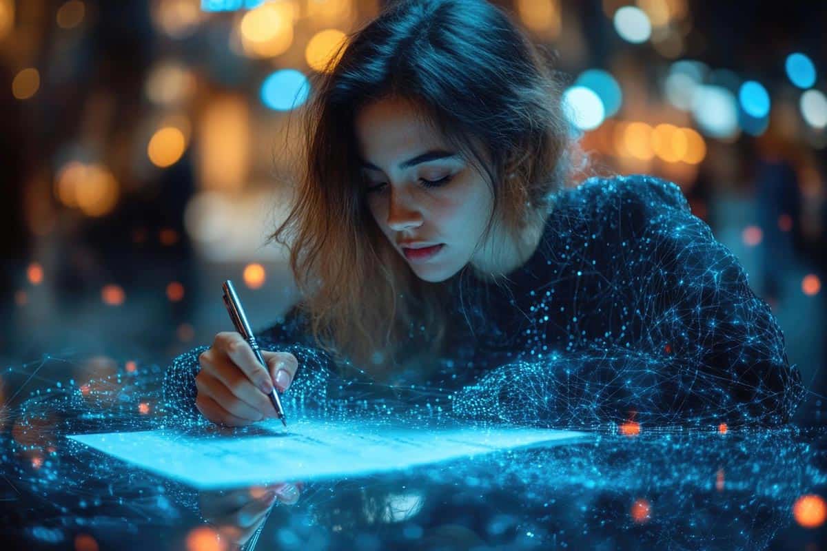 ai woman writing in a future setting