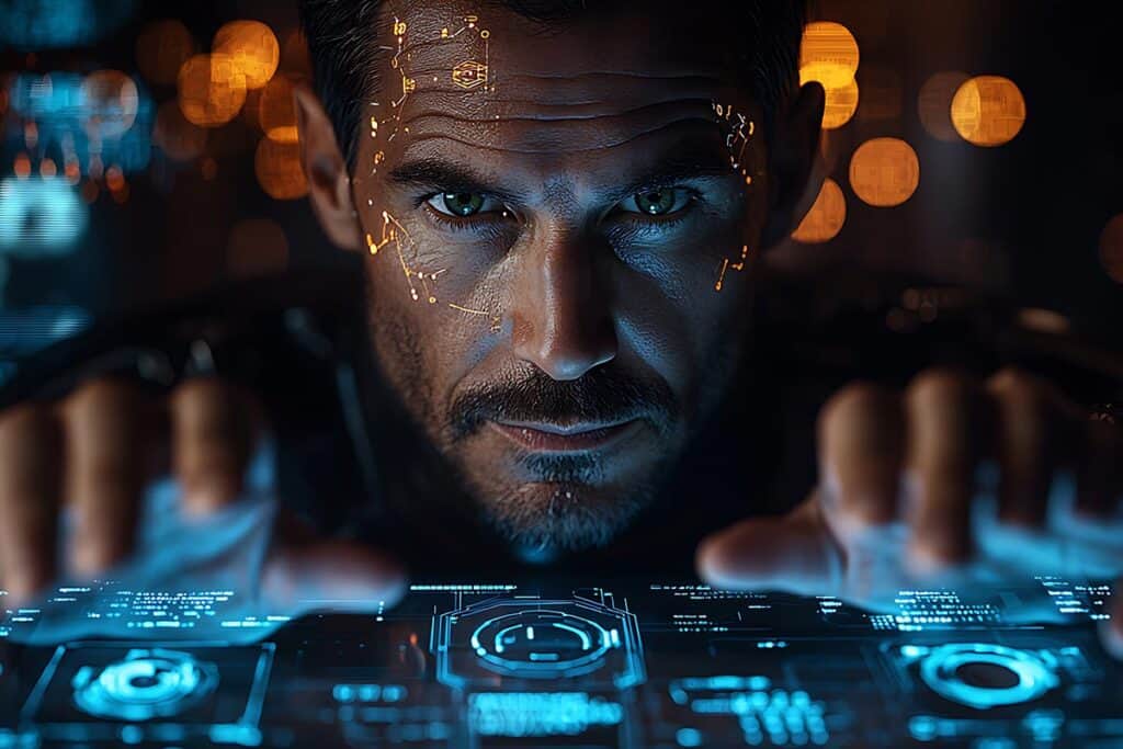 man looking at a computer screen with glowing eyes, money making with ai
