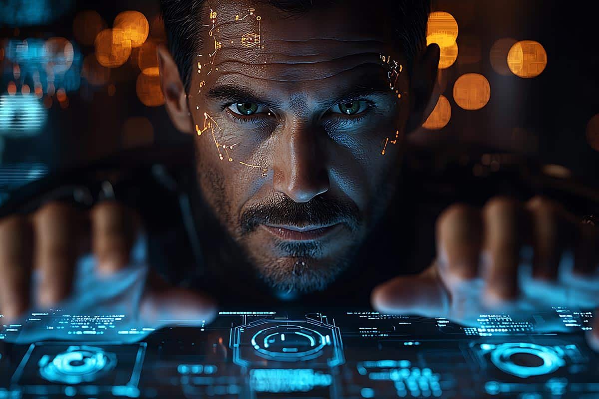 man looking at a computer screen with glowing eyes, money making with ai