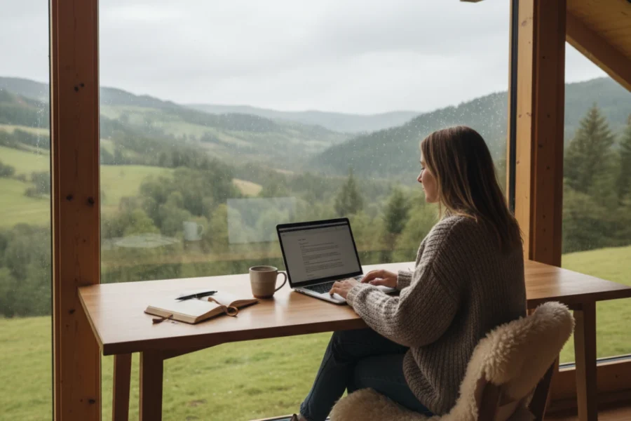 What is AI beginner guide with woman using a laptop in a cabin overlooking a rainy valley